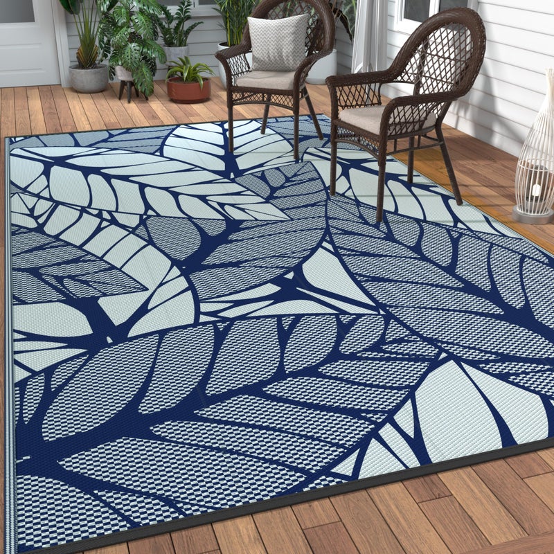 GENIMO Outdoor Rug 6' x 9' Waterproof for Patio Clearance, Reversible Plastic Straw Camping Carpet, Lightweight Mat for Rv, Camper, Deck, Porch, Picnic, Balcony, Beach, F.Blue & White - Image 1