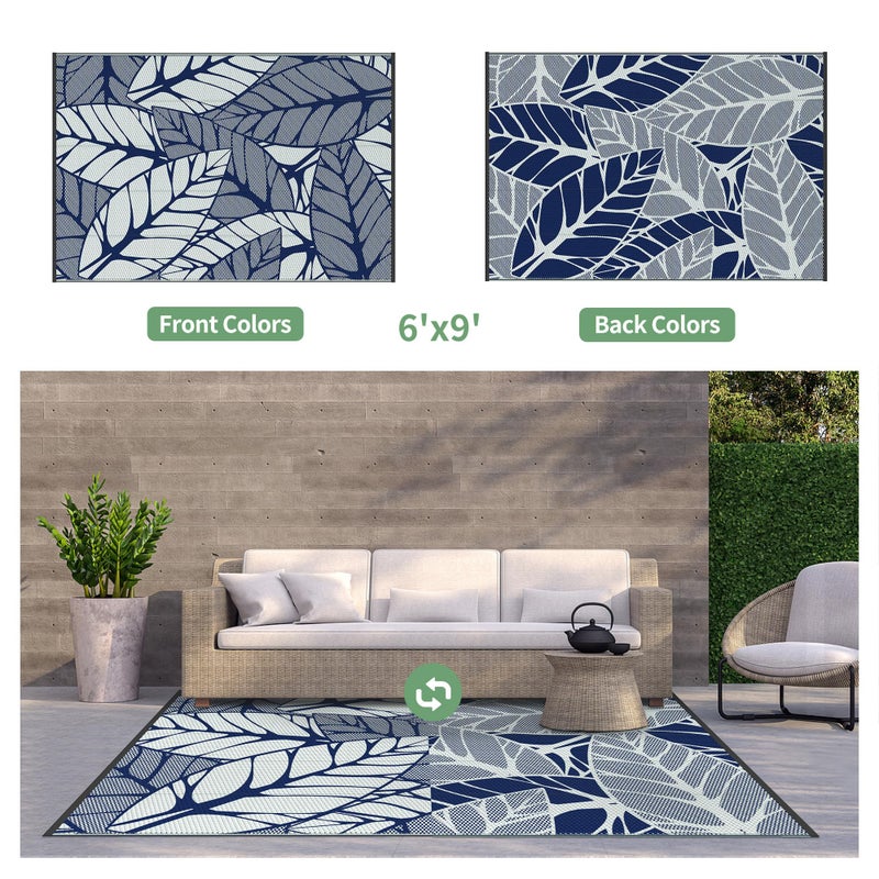 GENIMO Outdoor Rug 6' x 9' Waterproof for Patio Clearance, Reversible Plastic Straw Camping Carpet, Lightweight Mat for Rv, Camper, Deck, Porch, Picnic, Balcony, Beach, F.Blue & White - Image 2