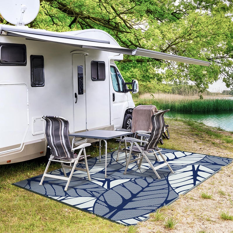 GENIMO Outdoor Rug 6' x 9' Waterproof for Patio Clearance, Reversible Plastic Straw Camping Carpet, Lightweight Mat for Rv, Camper, Deck, Porch, Picnic, Balcony, Beach, F.Blue & White - Image 5