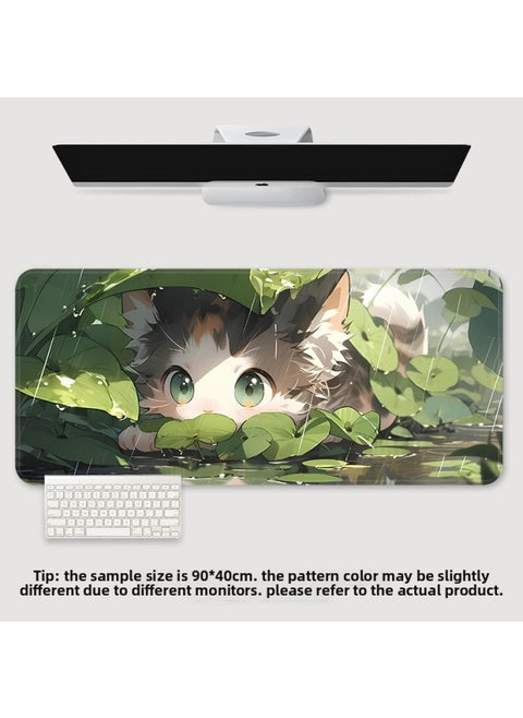 Mouse Pad Oversized Office Cat Girl Cute Cartoon Creative Worker Computer Keyboard Learning Desk Mat-Color:900*400*3-Pattern:TU-518 [lotus Leaf Cat]]