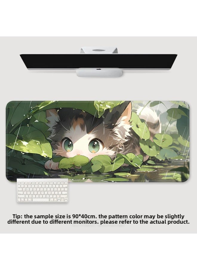 Generic - Mouse Pad Oversized Office Cat Girl Cute Cartoon Creative Worker Computer Keyboard Learning Desk Mat-Color:900*400*3-Pattern:TU-518 [lotus Leaf Cat]] - Image 1