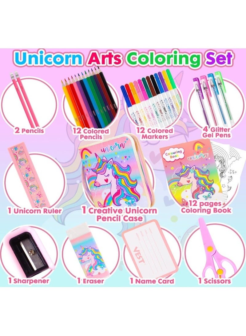 VEST Kids Painting Stationery Set 20×25×3.5cm for Children Graffiti Art Creation Painting Enlightenment Daily Writing Dreamy Unicorn Cartoon Pattern Portable Zipper Full Painting Stationery Gift Box Colored Pencils Creative Markers Pen Multicolour notebook stationery set - Image 2