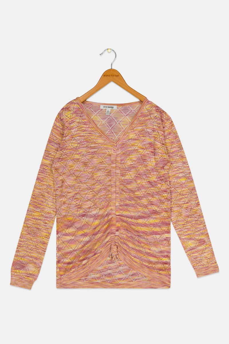 STEVE MADDEN Kids Girl V-Neck Long Sleeves Textured Top, Multicolor - Image 1