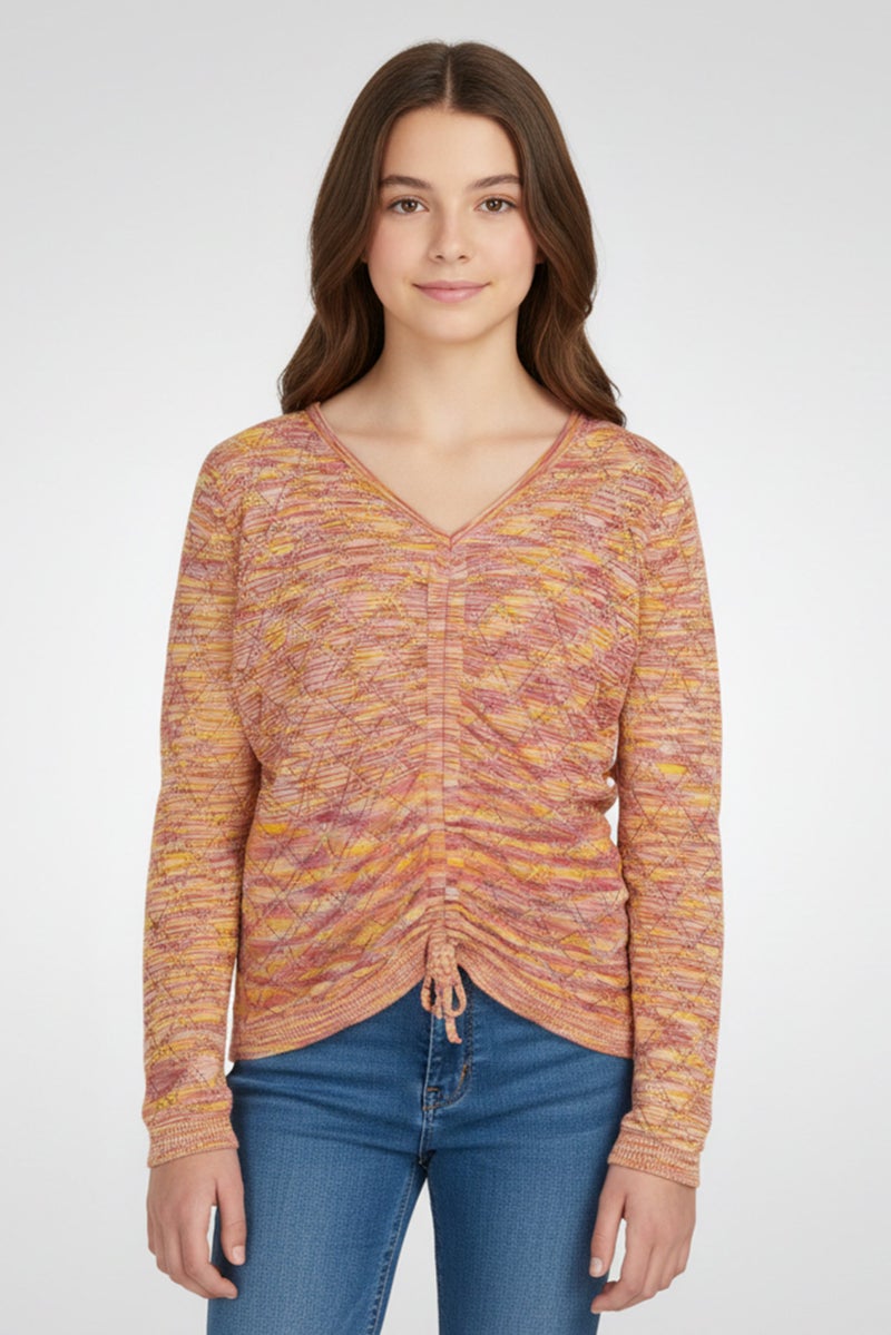 STEVE MADDEN Kids Girl V-Neck Long Sleeves Textured Top, Multicolor - Image 1