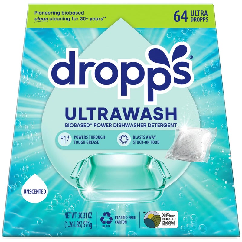 Dropps UltraWash Dishwasher Pods, Unscented (64 Count) - Biobased Power Deep Clean Dishwasher Detergent Tablets for Sparkling Shiny Dishes - No Rinse Aid or Pre-Wash Needed - Dishwashing Pods - Image 1