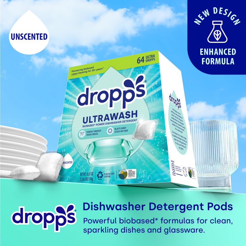 Dropps UltraWash Dishwasher Pods, Unscented (64 Count) - Biobased Power Deep Clean Dishwasher Detergent Tablets for Sparkling Shiny Dishes - No Rinse Aid or Pre-Wash Needed - Dishwashing Pods - Image 2