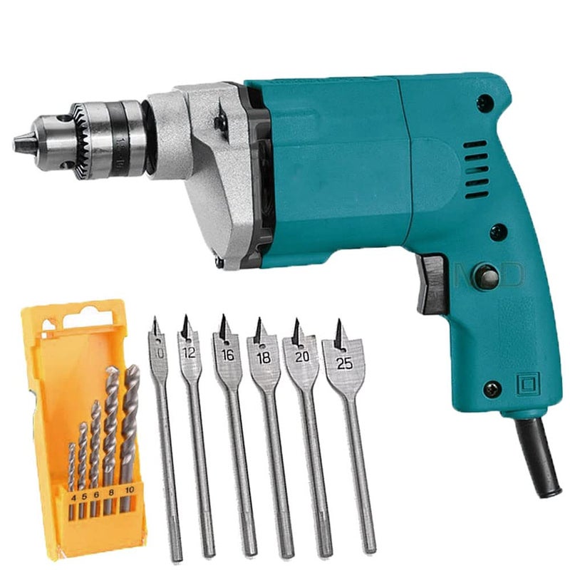 MLD 10mm Electric Drill Portable Hand Drilling Machine With 5 Pcs HSS Drill Bit and 6pcs Flat bit set for wallmetalwood - Image 1