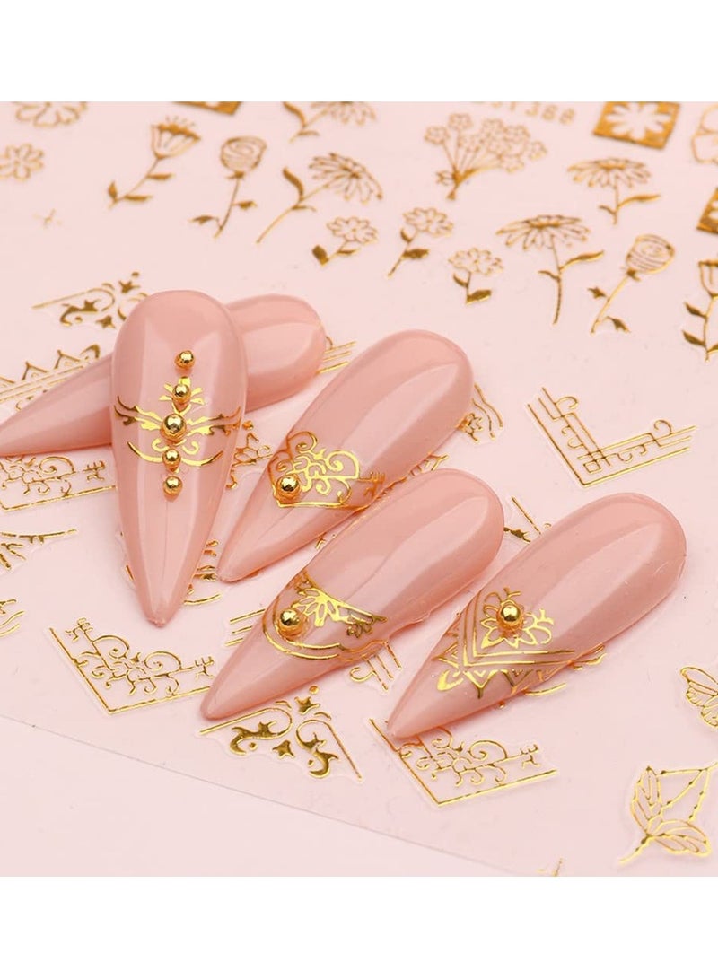 SYOSI 12 Styles Nail Art Stickers for Acrylic Nails, Self Adhesive Nail Decals, 3D Metallic Golden Flowers Leaves Lines Nail Art Supplies Floral Nail Stickers for Women Girls Kids - Image 5