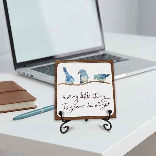 Tabyon Every Little Thing Is Gonna Be Alright - 4" Wooden Sign With A Metal Support -Watercolor Adorable Birds, Positive Quotes Wooden Plaque Desk Decor, Uplifting Gifts, Home Decorations & Gifts - Image 5
