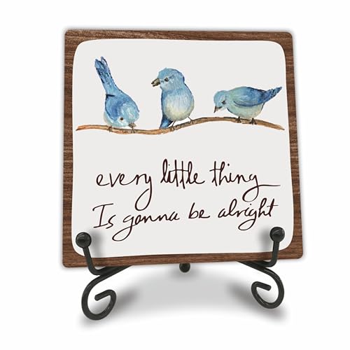 Tabyon Every Little Thing Is Gonna Be Alright - 4" Wooden Sign With A Metal Support -Watercolor Adorable Birds, Positive Quotes Wooden Plaque Desk Decor, Uplifting Gifts, Home Decorations & Gifts - Image 1