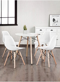 Taimi Set of 4 Modern Dining Chairs, Outdoor Indoor Shell PP Lounge Side Chairs with Mesh Design, Beech Wood Legs, Tulip Leisure Chairs, DSW Dining Chairs for Kitchen and Dining Room White  - Image 3