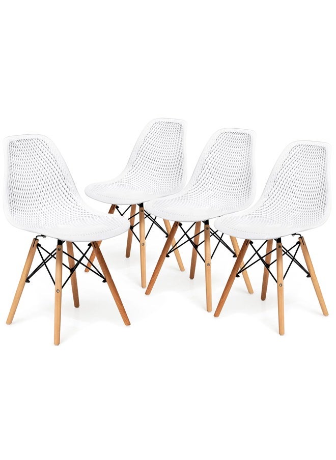 Taimi Set of 4 Modern Dining Chairs, Outdoor Indoor Shell PP Lounge Side Chairs with Mesh Design, Beech Wood Legs, Tulip Leisure Chairs, DSW Dining Chairs for Kitchen and Dining Room White  - Image 1
