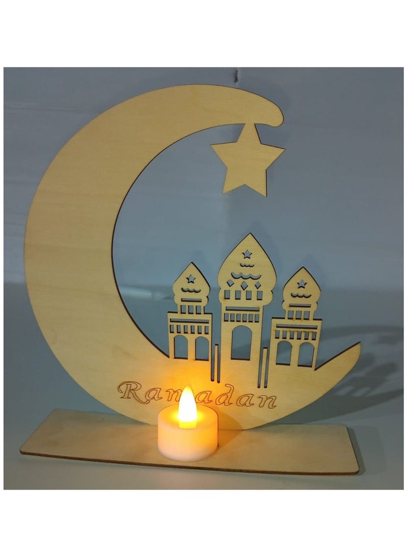 Ramadan Wooden Hollow Moon LED Light Candle  - Image 1