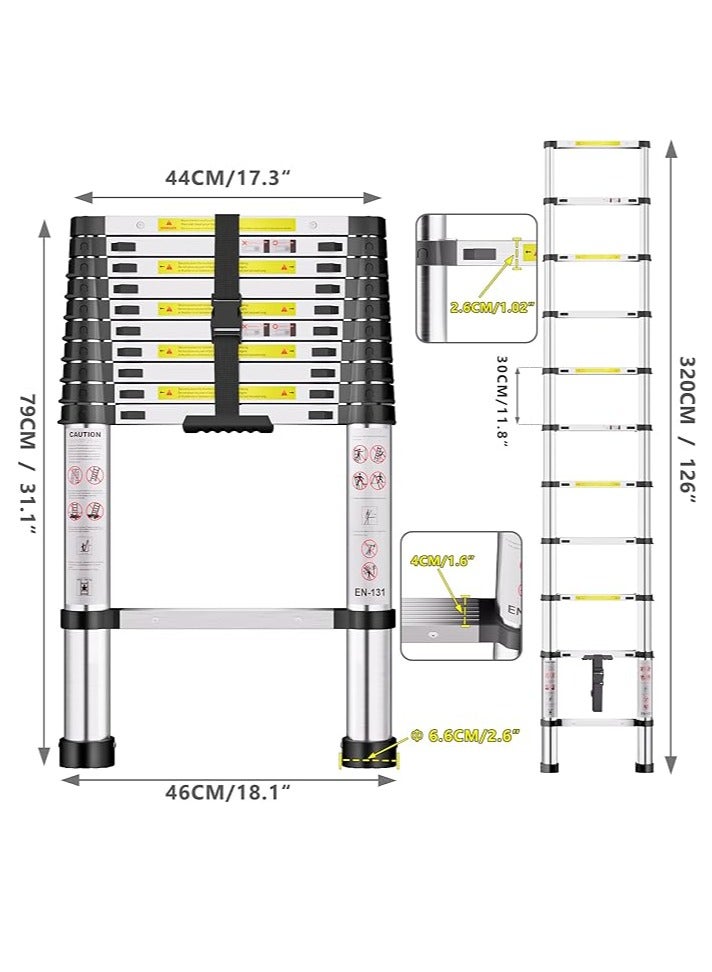سلم تلسكوبي، سلم عالي القوة من الفولاذ المقاوم للصدأ بسمك 3.2 متر، سلم علوي بأقدام غير قابلة للانزلاق، سلالم محمولة قابلة للتمديد، سلم قابل للطي بارتفاع قابل للتعديل للسقف والعليّة والكرافانات - Image 2