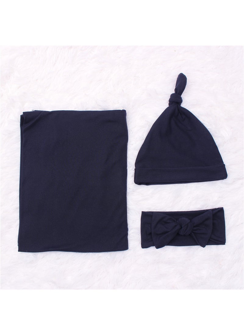Generic Soft Newborn Swaddle Wrap Hat Set Navy blue 