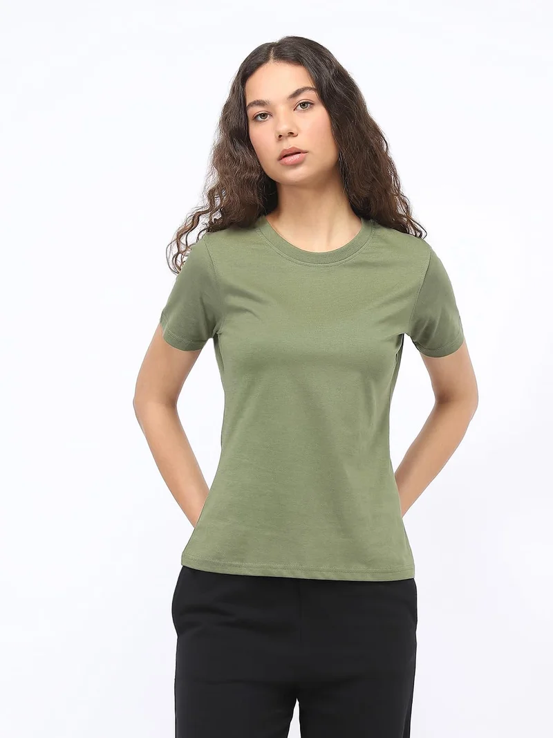 نوبيرو Women's Olive Green Regular Fit T-Shirt