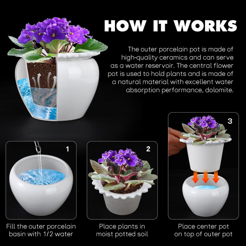 Lovely Ran African Violet Flower Pot Ceramic Self Watering Flower Pot 6.5 * 4.6 * 4 inch Simple Plant Self Watering Pot Indoor Flowers High Absorption Herbaceous Flower Pots Modern Decor Pots - Image 3