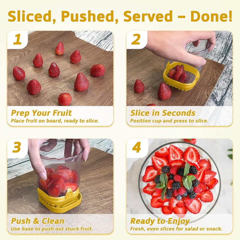 ANSOTHIN Strawberry Slicer Cup with Push Plate, Fruit Cutter Kitchen Gadget for Egg, Kiwi, Banana, Cucumber, Easy Fruit & Vegetable Slicer, Strawberry Cutter Tool for Quick Safe Cutting (Yellow) - Image 4