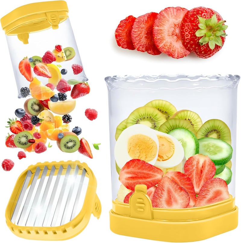 ANSOTHIN Strawberry Slicer Cup with Push Plate, Fruit Cutter Kitchen Gadget for Egg, Kiwi, Banana, Cucumber, Easy Fruit & Vegetable Slicer, Strawberry Cutter Tool for Quick Safe Cutting (Yellow) - Image 1