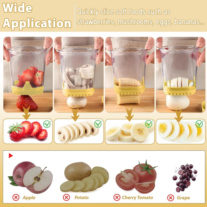 ANSOTHIN Strawberry Slicer Cup with Push Plate, Fruit Cutter Kitchen Gadget for Egg, Kiwi, Banana, Cucumber, Easy Fruit & Vegetable Slicer, Strawberry Cutter Tool for Quick Safe Cutting (Yellow) - Image 5