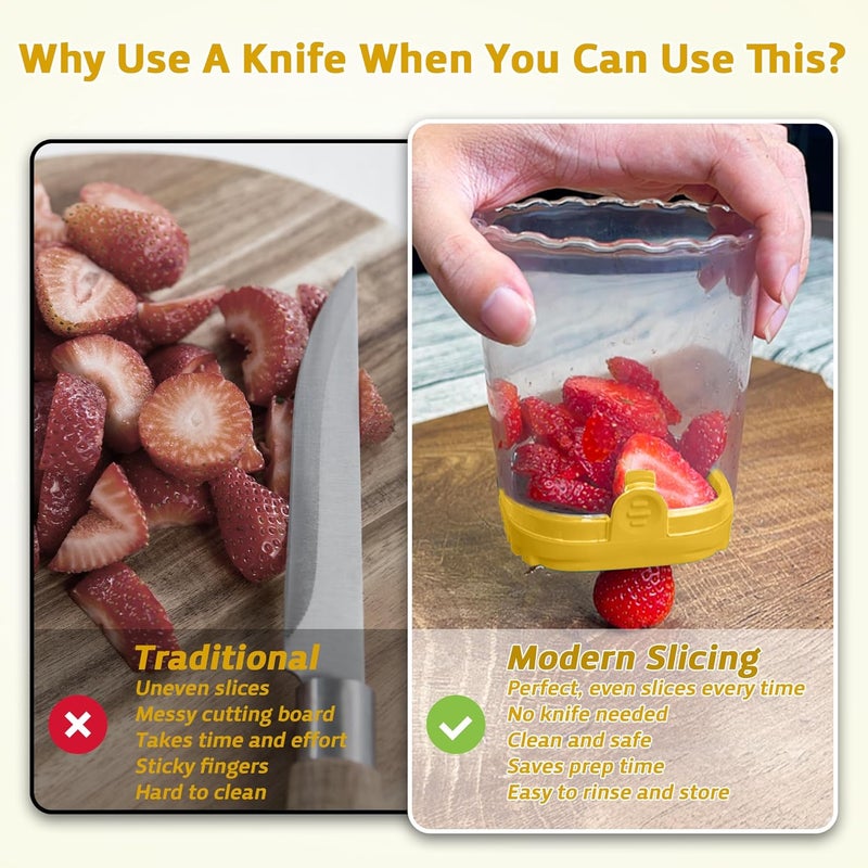 ANSOTHIN Strawberry Slicer Cup with Push Plate, Fruit Cutter Kitchen Gadget for Egg, Kiwi, Banana, Cucumber, Easy Fruit & Vegetable Slicer, Strawberry Cutter Tool for Quick Safe Cutting (Yellow) - Image 3