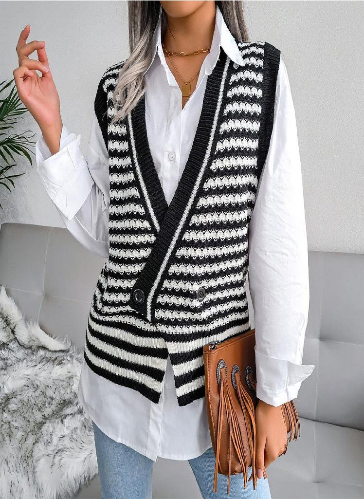 Eckek - Women V-Neck Casual Loose Knit Sweater Vest - Image 1