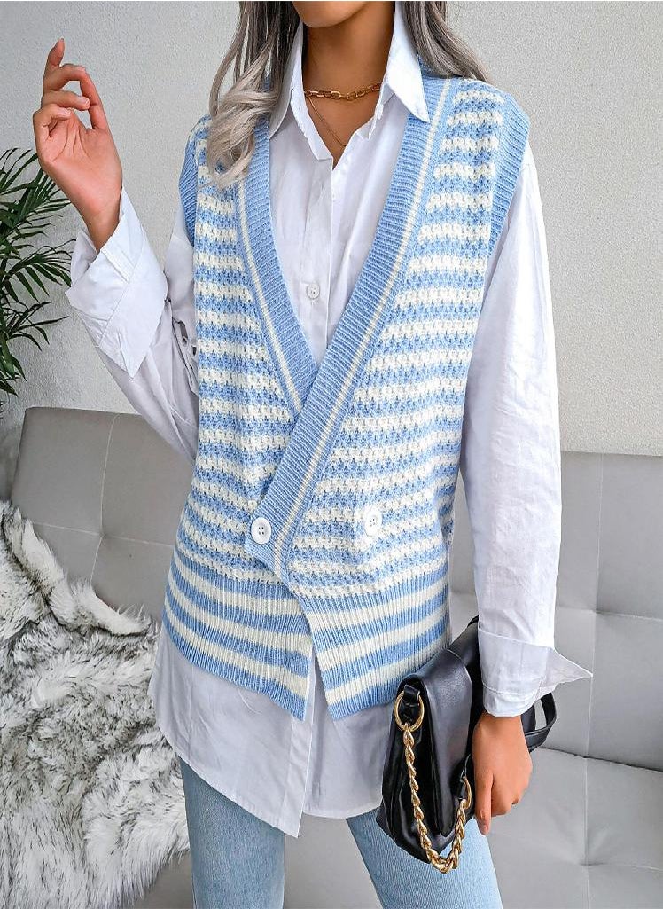 Eckek - Women V-Neck Casual Loose Knit Sweater Vest - Image 1