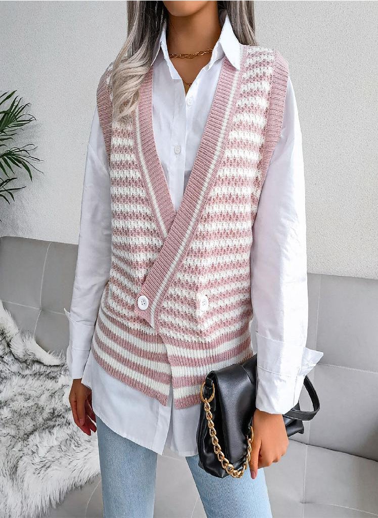 Eckek - Women V-Neck Casual Loose Knit Sweater Vest - Image 1