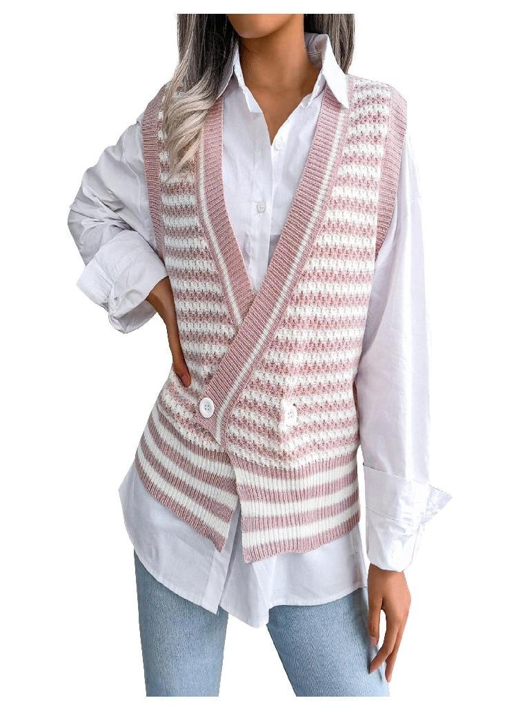 Eckek - Women V-Neck Casual Loose Knit Sweater Vest - Image 1