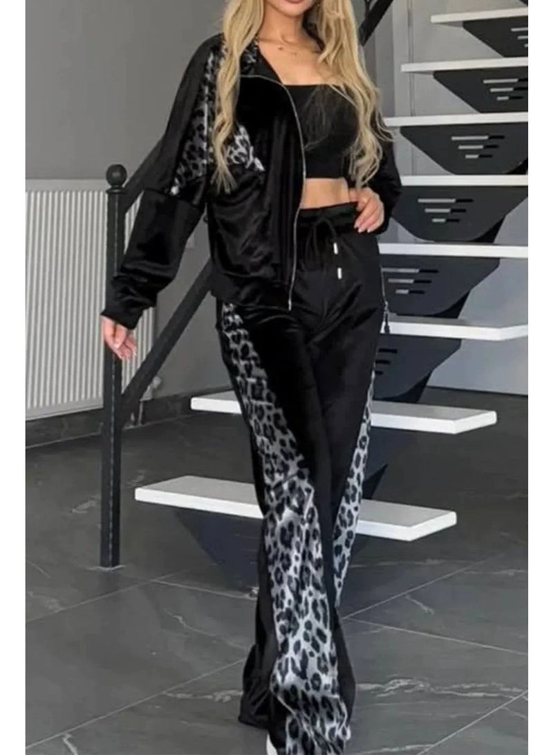 general Leopard print contrast-colored long pants long-sleeved home wear set - Image 1