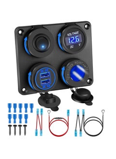 Upgraded 4 in 1 Charger Outlet Socket Panel, Dual QC 3.0 12V USB Power Outlet, Car Voltmeter Gauge, Cigarette Lighter Socket, ON Off Rocker Toggle Switch, for Car Marine Boat RV Truck (with Wire)