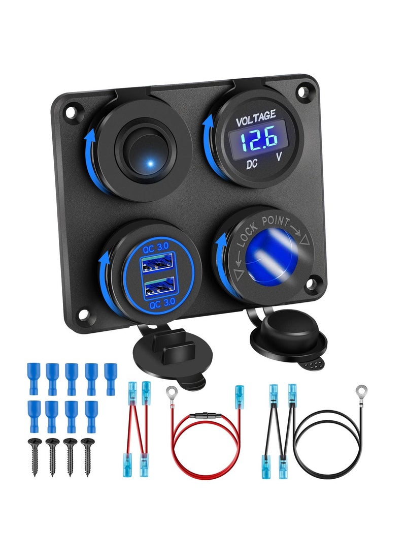 SYOSI - Upgraded 4 in 1 Charger Outlet Socket Panel, Dual QC 3.0 12V USB Power Outlet, Car Voltmeter Gauge, Cigarette Lighter Socket, ON Off Rocker Toggle Switch, for Car Marine Boat RV Truck (with Wire) - Image 1