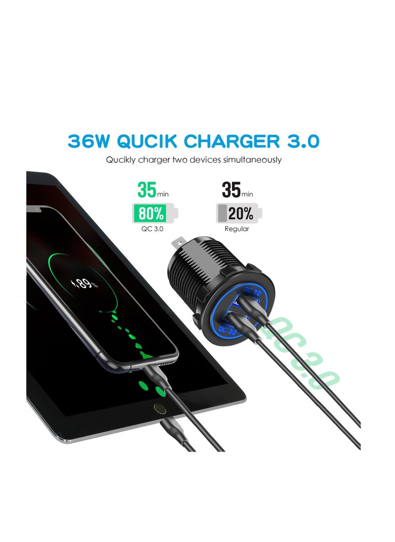 SYOSI - Upgraded 4 in 1 Charger Outlet Socket Panel, Dual QC 3.0 12V USB Power Outlet, Car Voltmeter Gauge, Cigarette Lighter Socket, ON Off Rocker Toggle Switch, for Car Marine Boat RV Truck (with Wire) - Image 1
