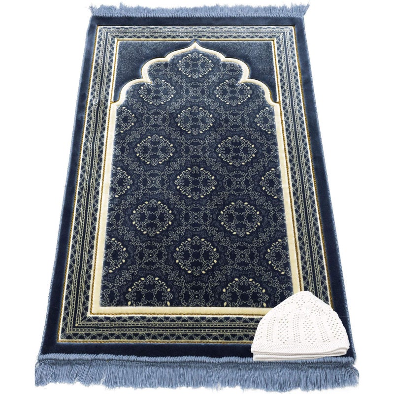 Modefa Modefa Turkish Islamic Prayer Rug  Soft Velvet Janamaz Praying Carpet  Comfortable Muslim Praying Mat for Men  Women  Ramadan or Eid Gift  with Kufi Prayer Cap  Elegant Swirl Blue  - Image 1
