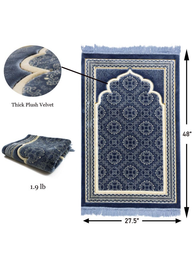 Modefa Modefa Turkish Islamic Prayer Rug  Soft Velvet Janamaz Praying Carpet  Comfortable Muslim Praying Mat for Men  Women  Ramadan or Eid Gift  with Kufi Prayer Cap  Elegant Swirl Blue  - Image 2