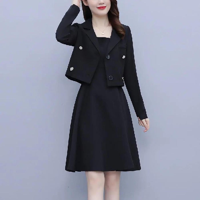 suit Womens plus size Small Suit Sling Two-piece Suit Dress Spring and Autumn New Style Chubby Sister Elegant Slimming dress Black - Image 1