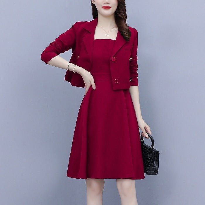 suit Womens plus size Small Suit Sling Two-piece Suit Dress Spring and Autumn New Style Chubby Sister Elegant Slimming dress Black - Image 2