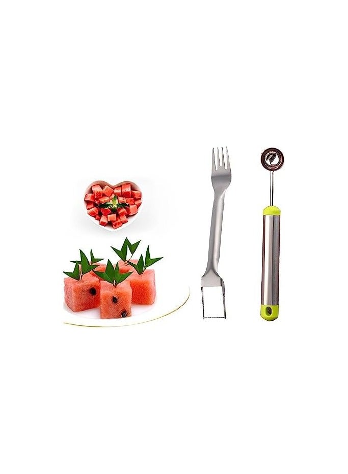 Erorex 2 Pack Watermelon Fork Slicer Cutter, 2-in-1 Summer Stainless steel Watermelon Fruit Cutter with Melon Baller Scoop, Fruit Knife Carving Tool Kitchen Gadgets for Family Parties Camping - Image 1