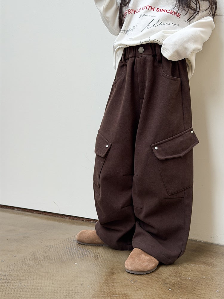 Aimo Beibei Children''s Fleece-Lined Side Pocket Casual Pants Trendy Boys and Girls Casual Stylish All-Cotton Cargo Pants - Image 4