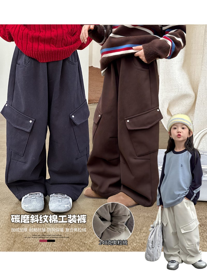 Aimo Beibei Children''s Fleece-Lined Side Pocket Casual Pants Trendy Boys and Girls Casual Stylish All-Cotton Cargo Pants - Image 2
