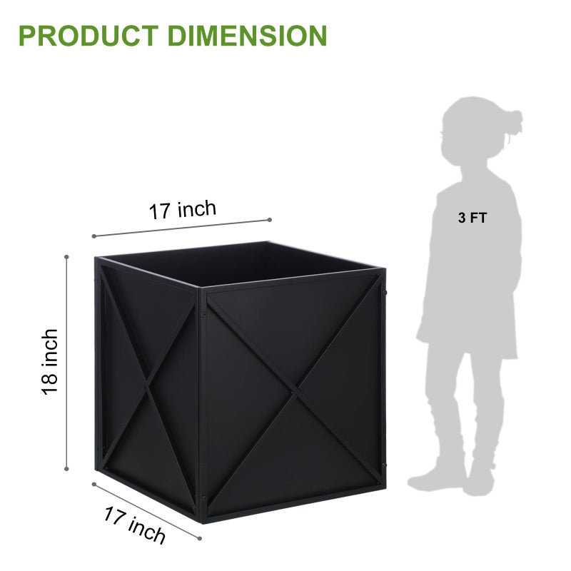 BAYN Metal Square Planter Box Tall Planters for Outdoor Plants Modern Heavy Duty with Drainage Holes for Outside Indoor Patio Deck - Black, 17â€x 17â€x 18â€ - Image 2