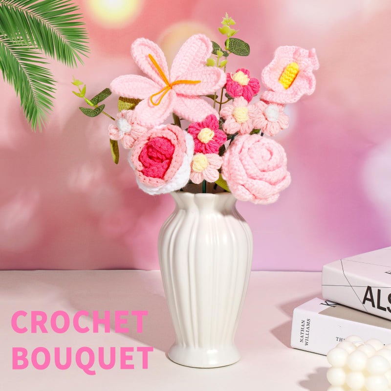 Kogyxe Crochet Flowers Bouquet, Handmade Knitting Crochet Flowers, Tulips Flower and Calla Lily Bouquet for Valentine's Day, Gifts for Women, Birthday (Pink) - Image 3