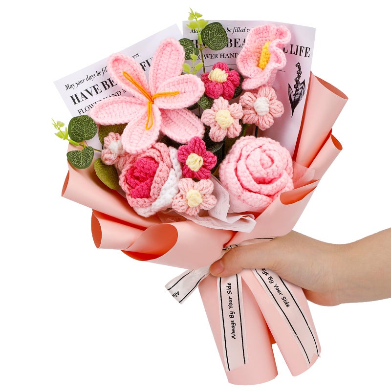Kogyxe Crochet Flowers Bouquet, Handmade Knitting Crochet Flowers, Tulips Flower and Calla Lily Bouquet for Valentine's Day, Gifts for Women, Birthday (Pink) - Image 1