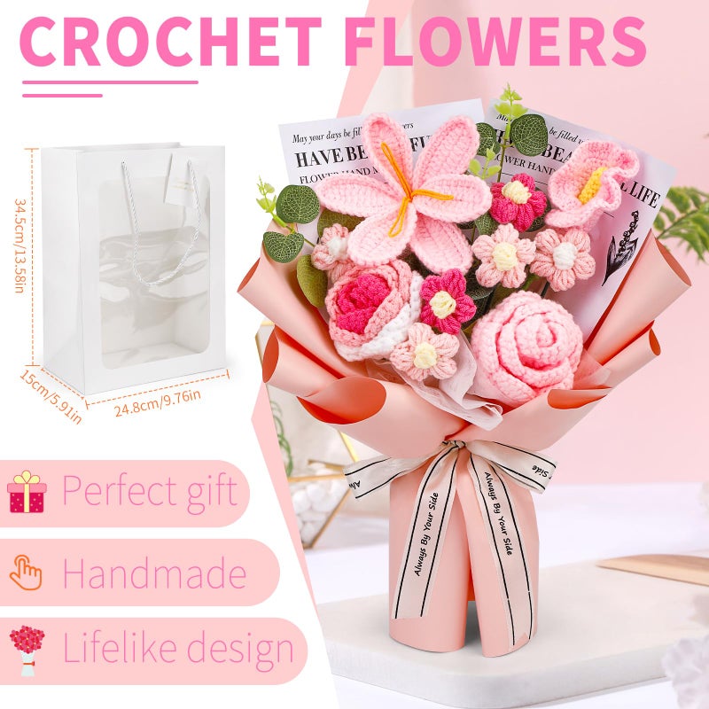 Kogyxe Crochet Flowers Bouquet, Handmade Knitting Crochet Flowers, Tulips Flower and Calla Lily Bouquet for Valentine's Day, Gifts for Women, Birthday (Pink) - Image 2