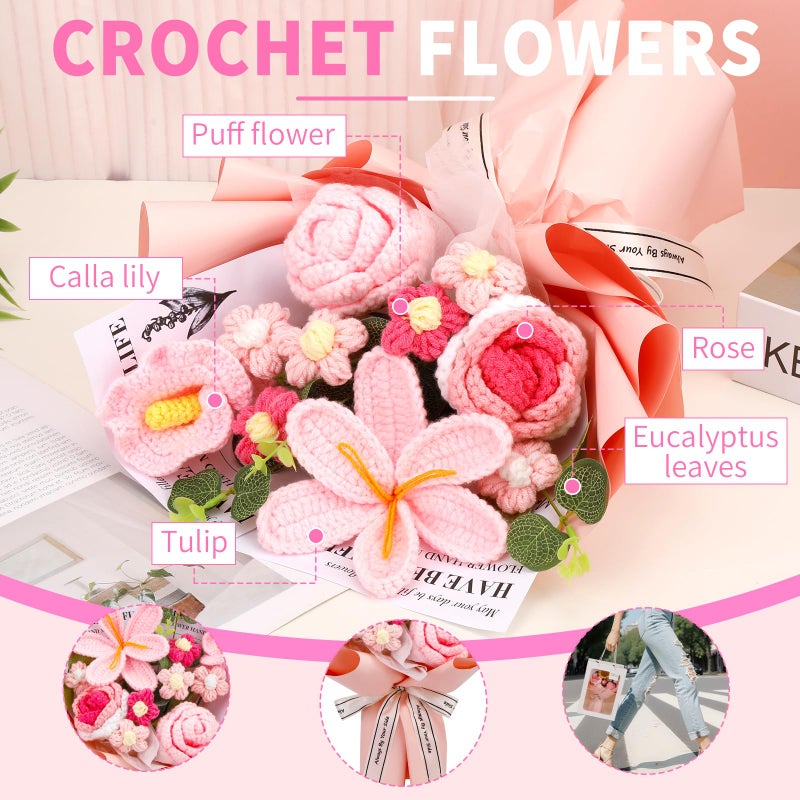 Kogyxe Crochet Flowers Bouquet, Handmade Knitting Crochet Flowers, Tulips Flower and Calla Lily Bouquet for Valentine's Day, Gifts for Women, Birthday (Pink) - Image 4