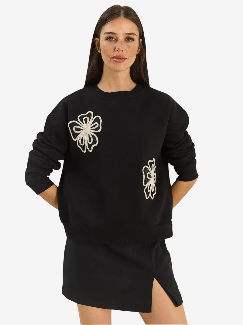 Bianco Lucci LUCCI Embroidered Crew Neck Cotton Sweatshirt