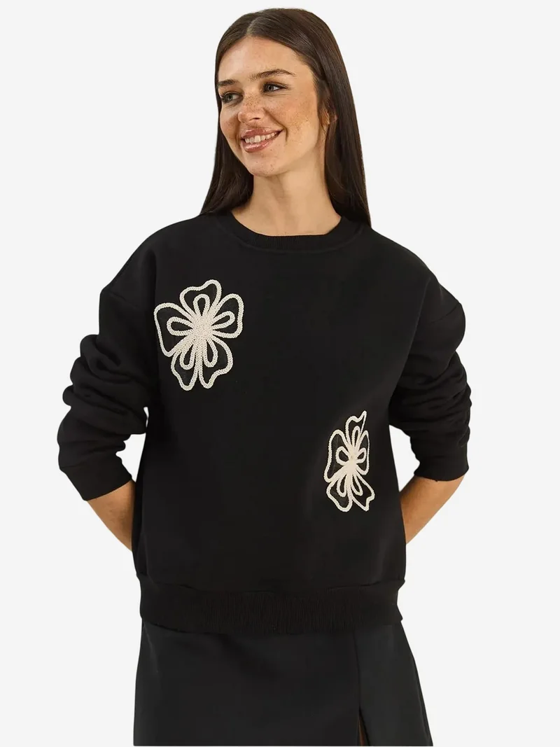 Bianco Lucci LUCCI Embroidered Crew Neck Cotton Sweatshirt