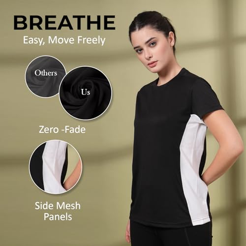 CHKOKKO Gym Tshirt for Women Workout Dry Fit t Shirt Sports Tshirt Lightweight Round Neck Breathable Half Sleeve Activewear Mesh Running Yoga Tops for Woman Blackwhite XXL - Image 3