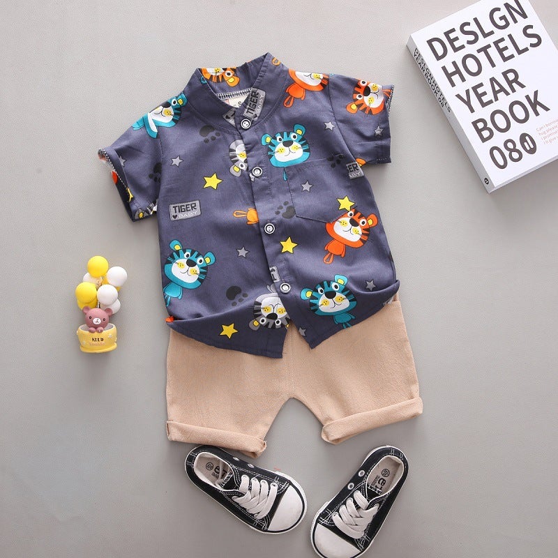 Cross-border childrens clothing summer new childrens clothing summer clothing boys baby infant childrens suit short sleeve suit two-piece fashion Dark gray 