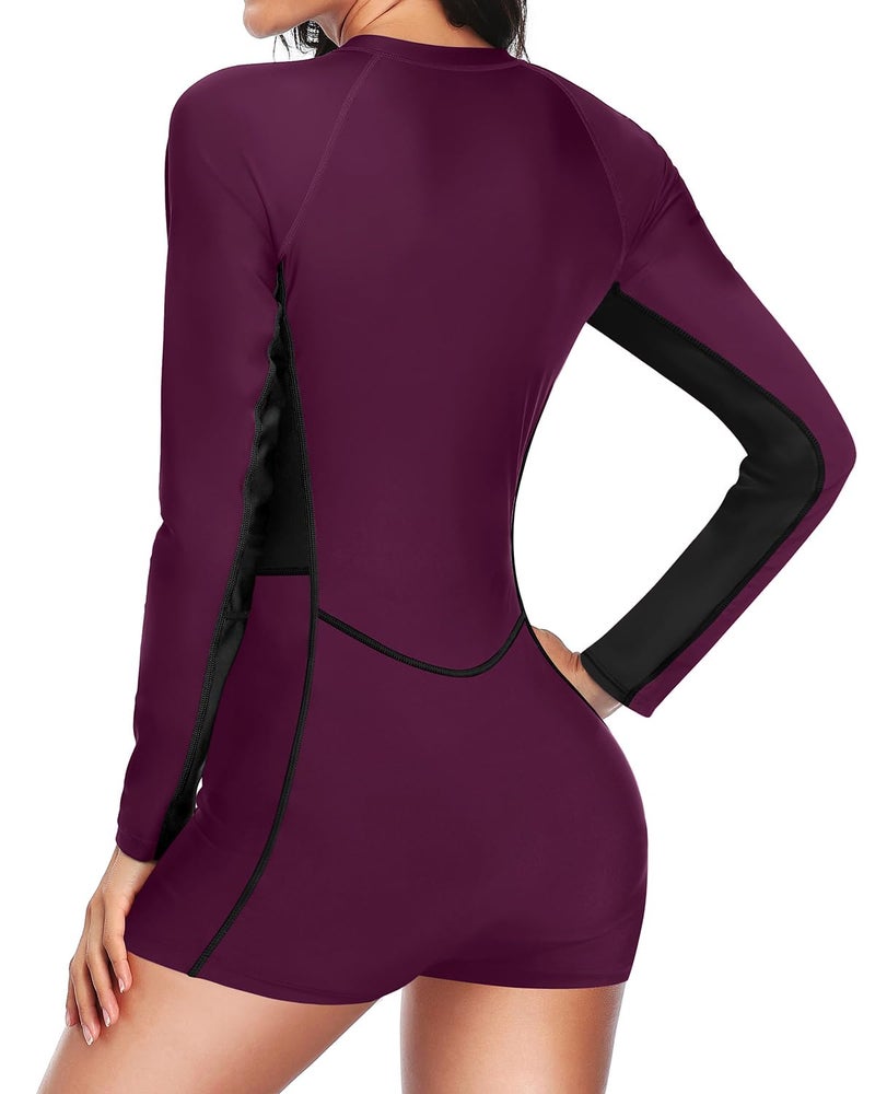 Daci Women Long Sleeve Rash Guard One Piece Boyleg Swimsuit Zipper Surfing Bathing Suit UPF 50+ Purple M - Image 2